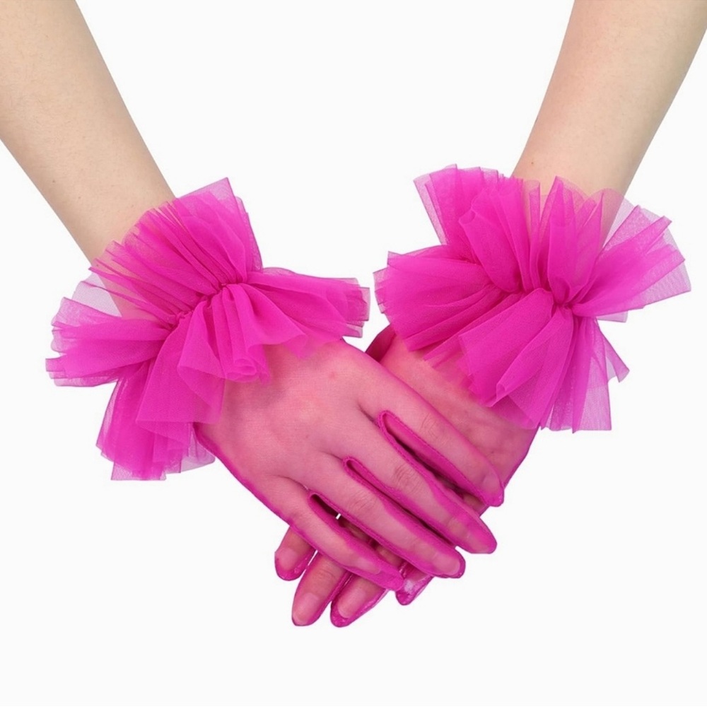 Vibrant Sĥeer Pink Tulle Ruffled Gloves Tea Party Derby Brunch Church Soi…
